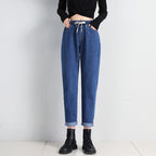 Sarah Express Women's High Waist Straight Leg Cropped Denim Jeans Elastic Waist