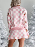 Sarah Express Women's Gingerbread Checkered Cardigan and Skirt Sweater Set