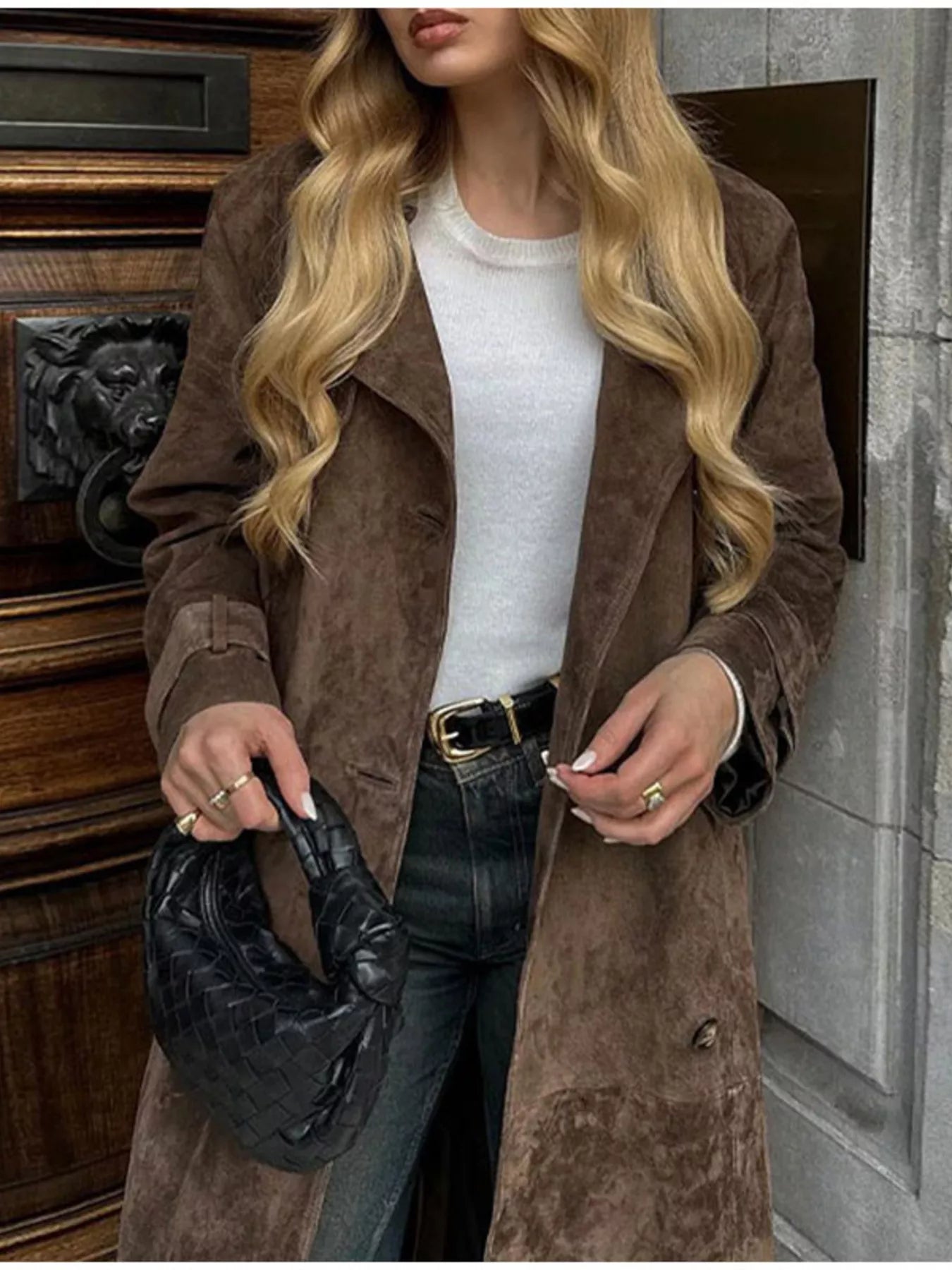 Sarah Express Women's Vintage Double Breasted Tie Waist Coat - Belted Trench Coat