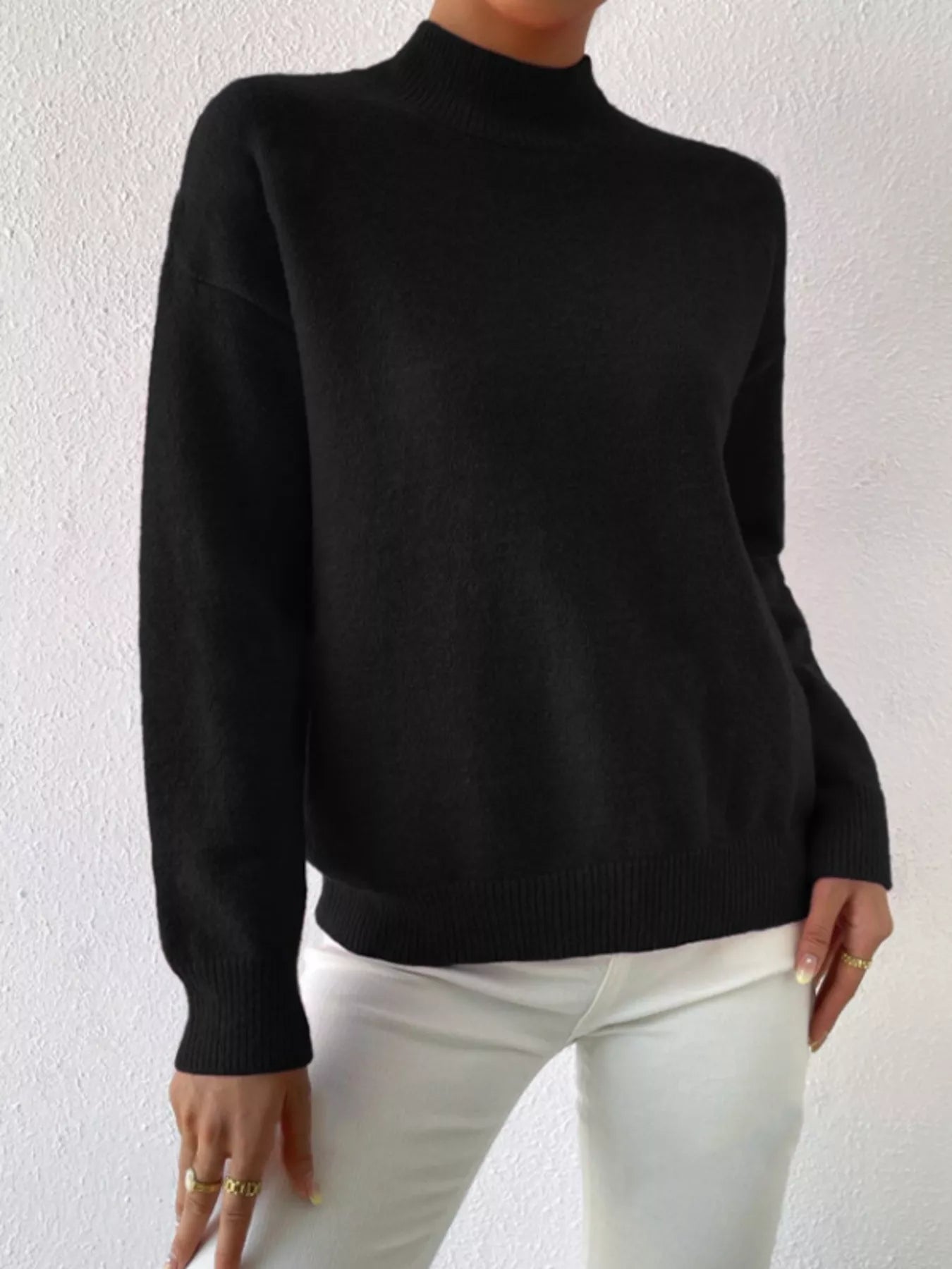 Sarah Express Women's Mock Neck Dropped Shoulder Sweater Black