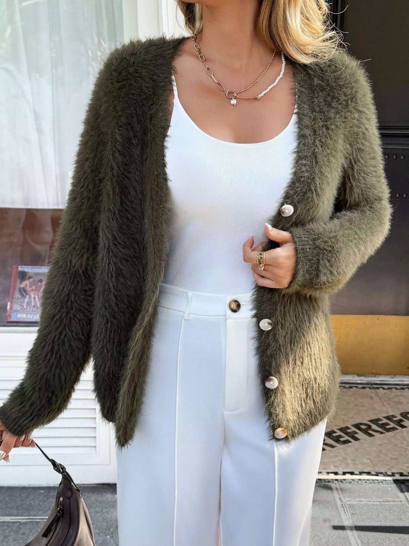 Sarah Express Women's Fuzzy Knit Button-Up Cardigan Army Green