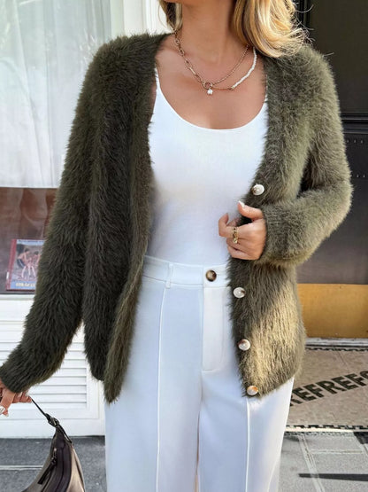 Sarah Express Women's Fuzzy Knit Button-Up Cardigan Army Green