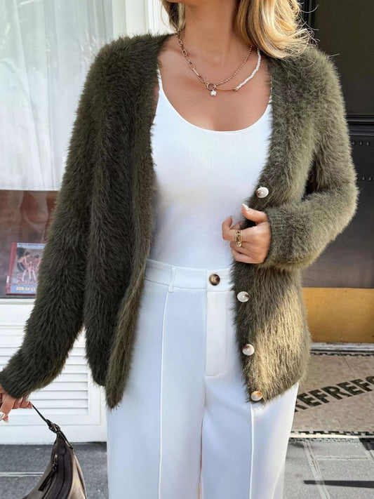 Sarah Express Women's Fuzzy Knit Button-Up Cardigan Army Green