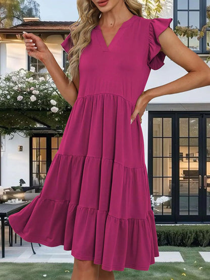 Sarah Express Women's Ruffle Sleeve Tiered Midi Dress Cerise