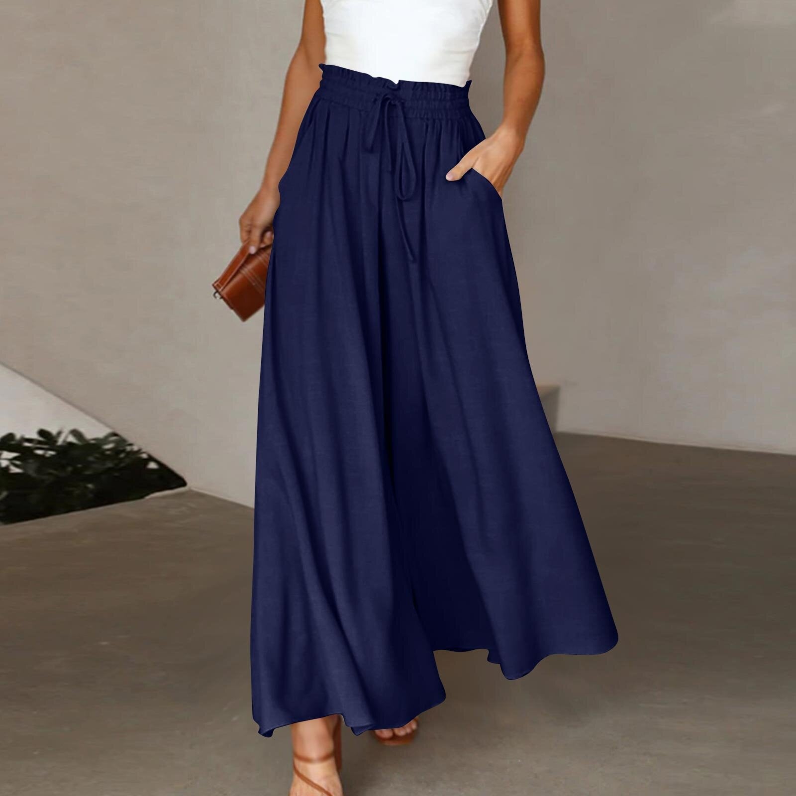 Sarah Express High Waist Wide Leg Dress Pants Elastic Waistband Full Length Trousers