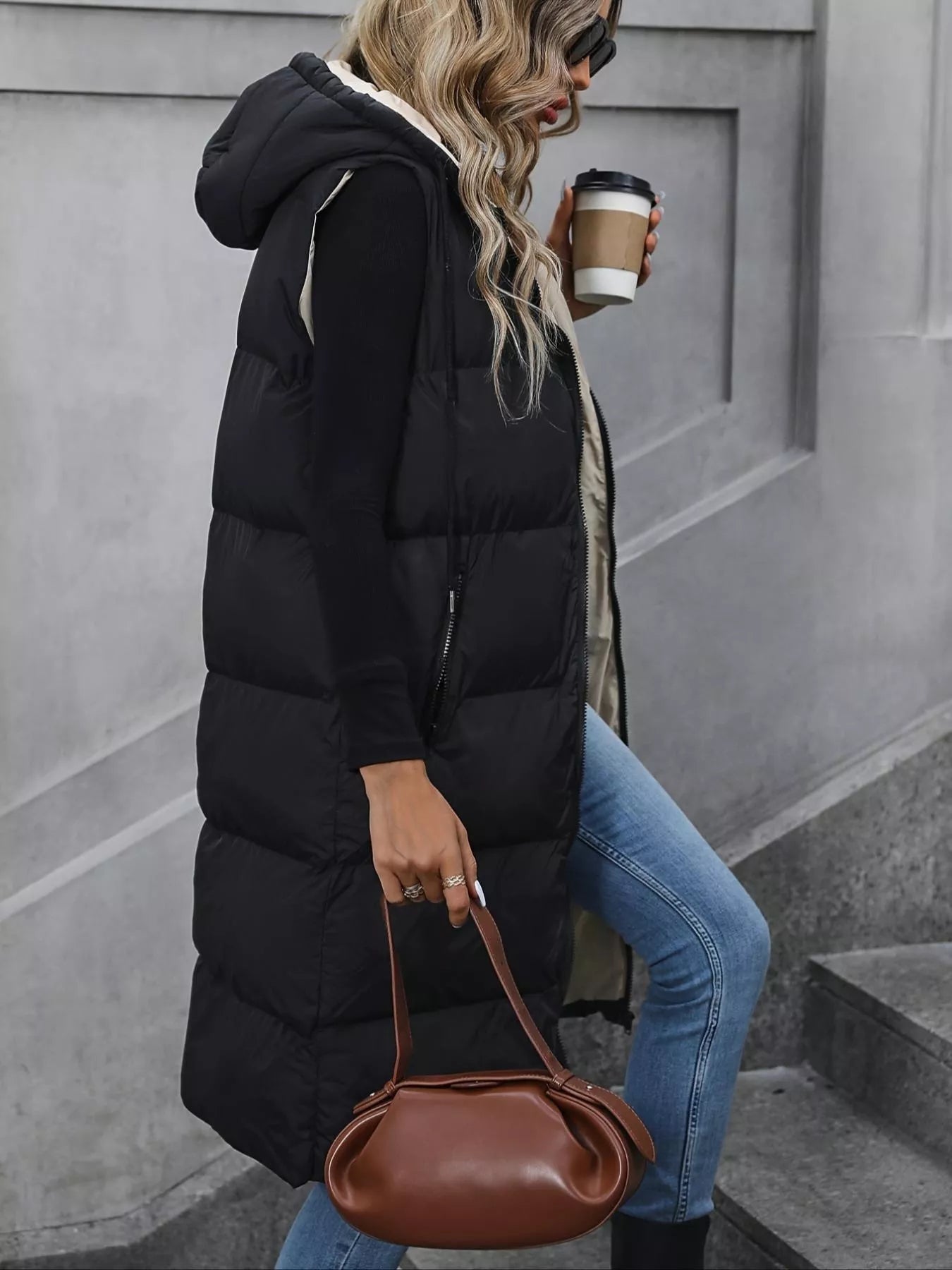 Sarah Express Women's Longline Padded Hooded Vest Coat