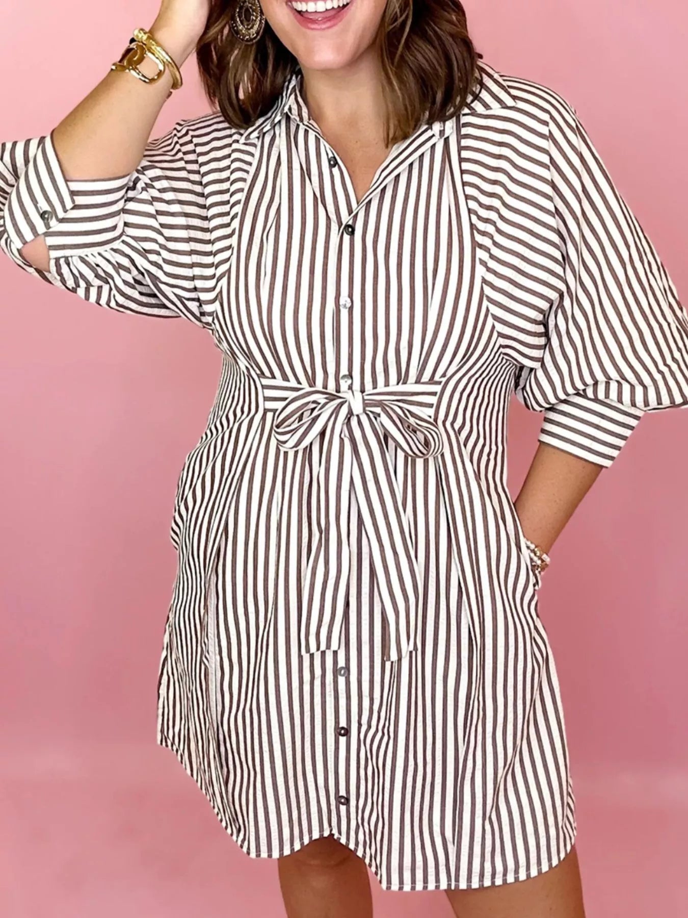 Sarah Express Women's Striped Tie Waist Shirt Dress