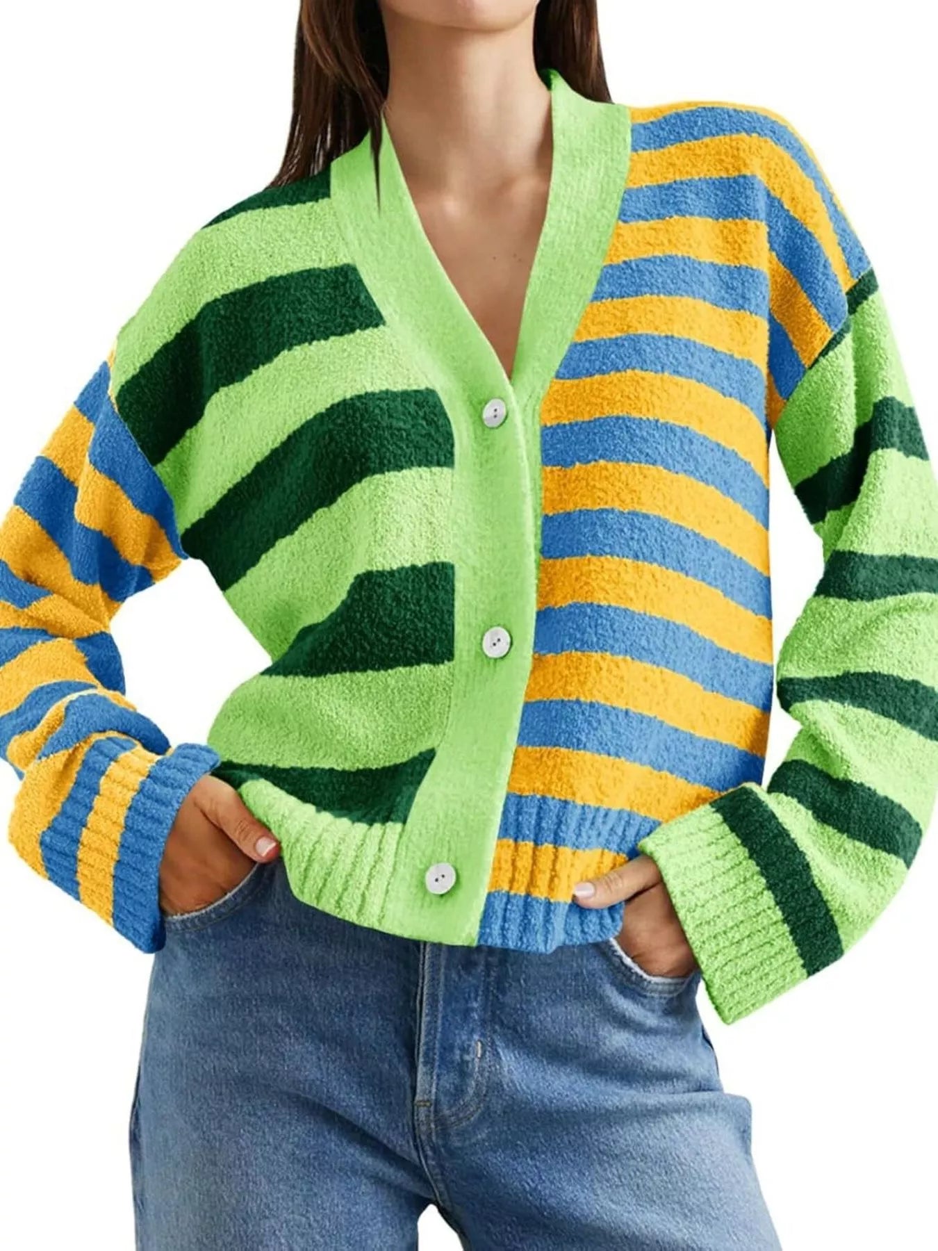 Sarah Express Women's Striped Knit Button-Down Cardigan Green Yellow