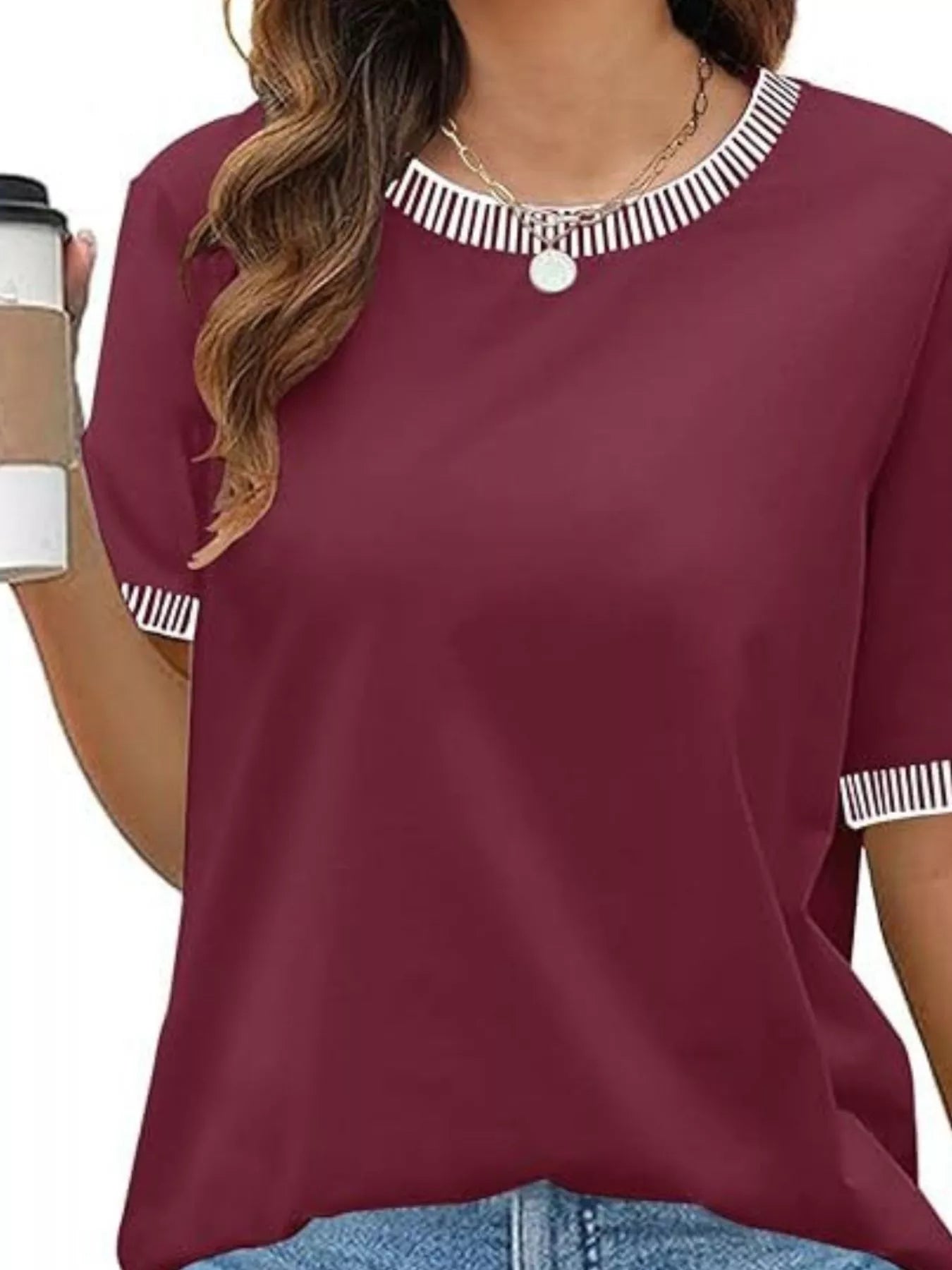 Sarah Express Women's Striped Trim Casual T-Shirt - Relaxed Fit Short Sleeve Top