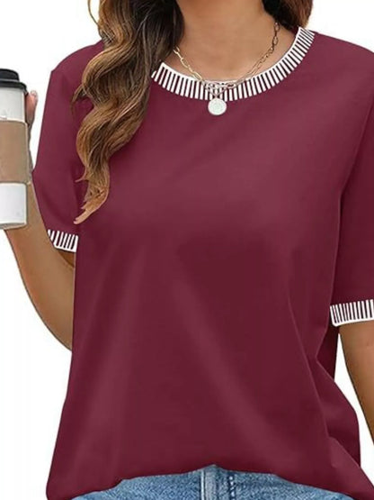 Sarah Express Women's Striped Trim Casual T-Shirt - Relaxed Fit Short Sleeve Top