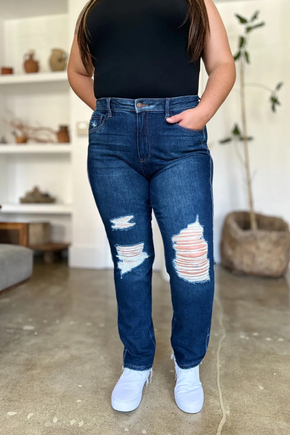 Sarah Express Women’s Plus Size High Waist Heavy Destroy Straight Jeans