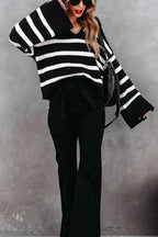 Sarah Express Women's Striped Johnny Collar Long Sleeve Sweater
