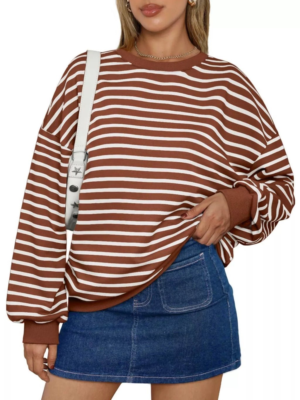 Sarah Express Women's Striped Round Neck Oversized Casual Sweatshirt