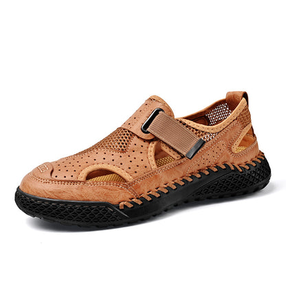 Sarah Express Men's Breathable Leather Mesh Closed-Toe Sandals with Velcro Strap - Genuine Leather & Rubber Sole 92011 Brown