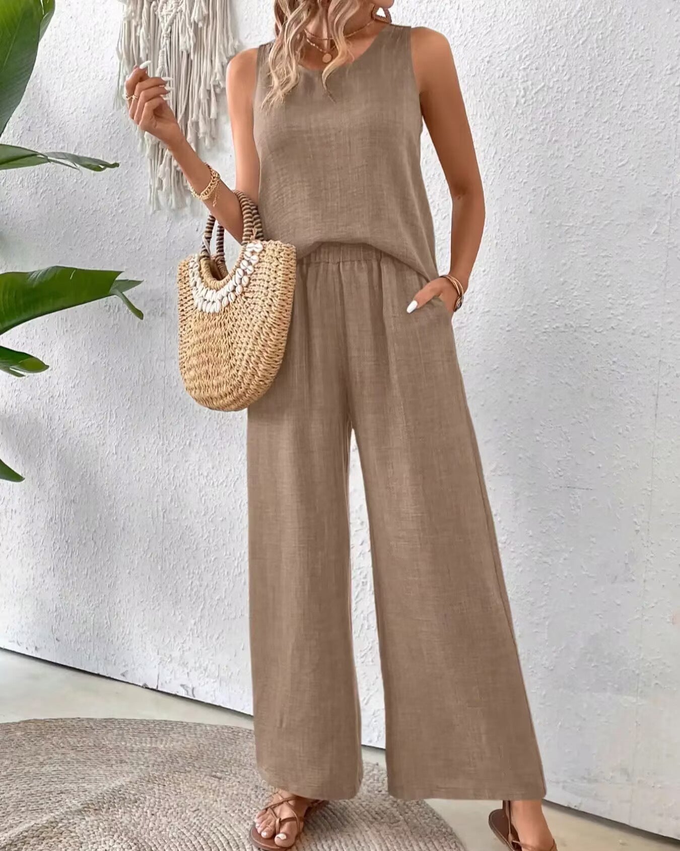 Sarah Express Women's Sleeveless Top and Pants Set with Lace Back Detail