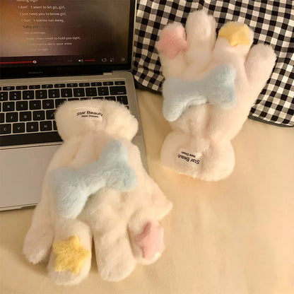 Sarah Express Women's Star Plush Winter Gloves - Cozy Warm Fleece Lined Cream One Size