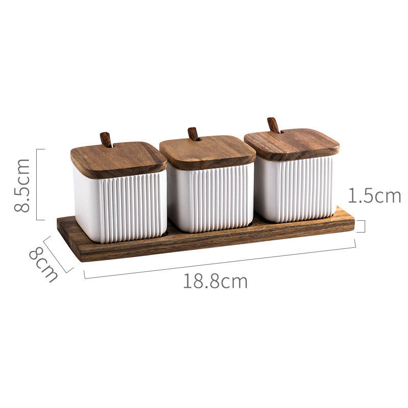 Sarah Express Ceramic Seasoning Jar Set with Wooden Lid - Kitchen Spice Storage Organizer Q3pcs White