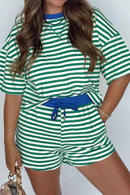 Sarah Express Women's Striped Round Neck Top and Shorts Set Turquoise