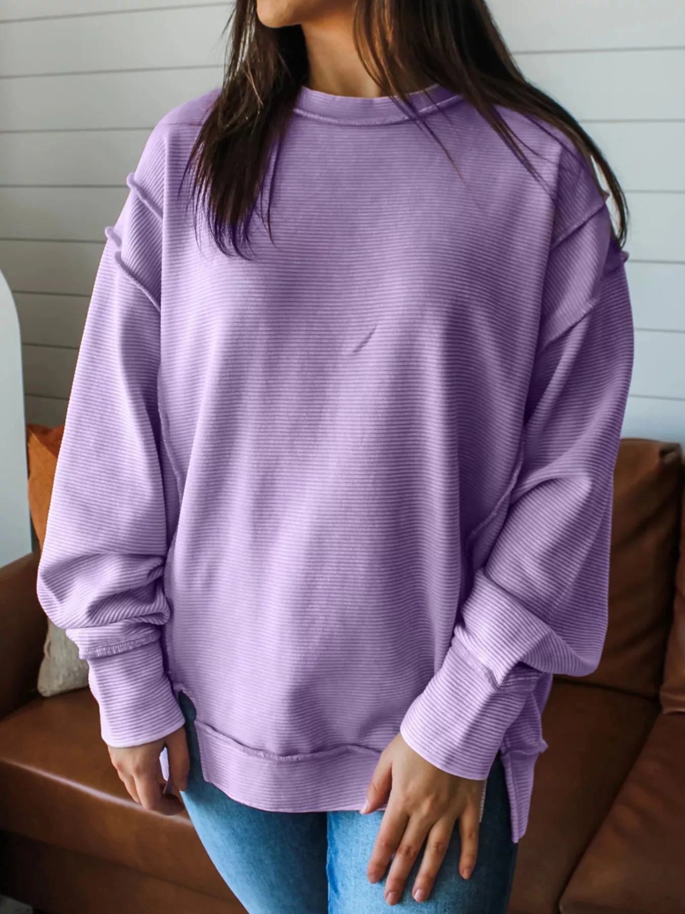 Sarah Express Women's Round Neck Oversized Sweatshirt Lavender