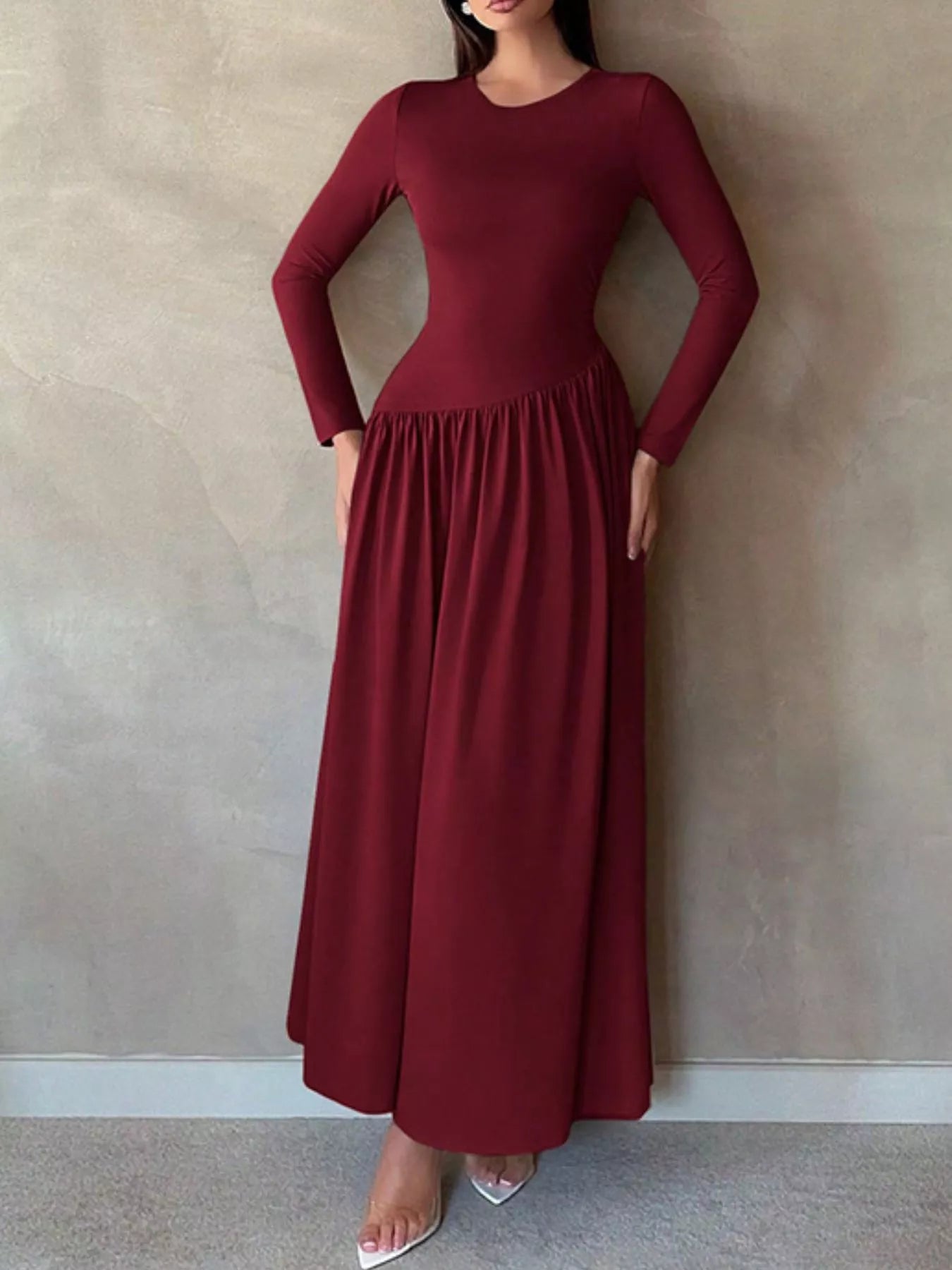 Sarah Express Women's Long Sleeve Ruched A-Line Maxi Dress Burgundy