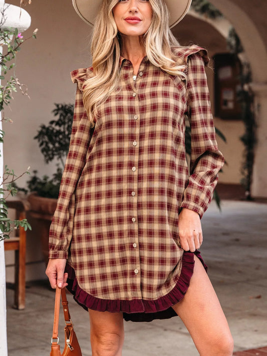 Sarah Express Women's Plaid Print Ruffled Mini Shirt Dress - Long Sleeve Button Front Patchwork Hem Brown