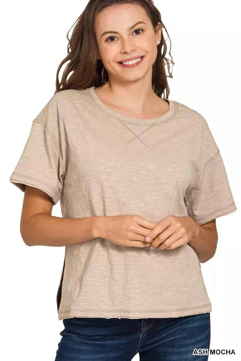 Sarah Express Women's Cotton Slub Short Sleeve Tee - Relaxed Fit Basic T-Shirt ASH MOCHA