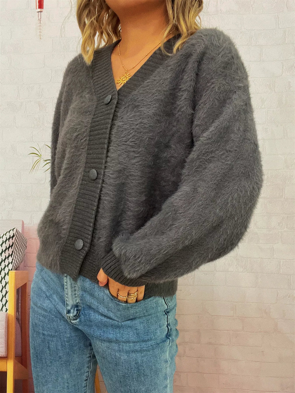 Sarah Express Women's Fuzzy Button-Up Long Sleeve Cardigan