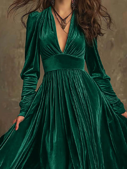 Sarah Express Women's Velvet Deep V-Neck Maxi Dress with Ruffled Details Black Forest