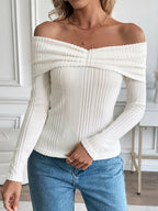 Sarah Express Women's Off-Shoulder Ribbed Knit Top - Stretchy Long Sleeve Sweater