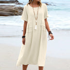 Sarah Express Women's Loose Casual Midi Dress Short Sleeve Summer Beach Cotton Linen Style
