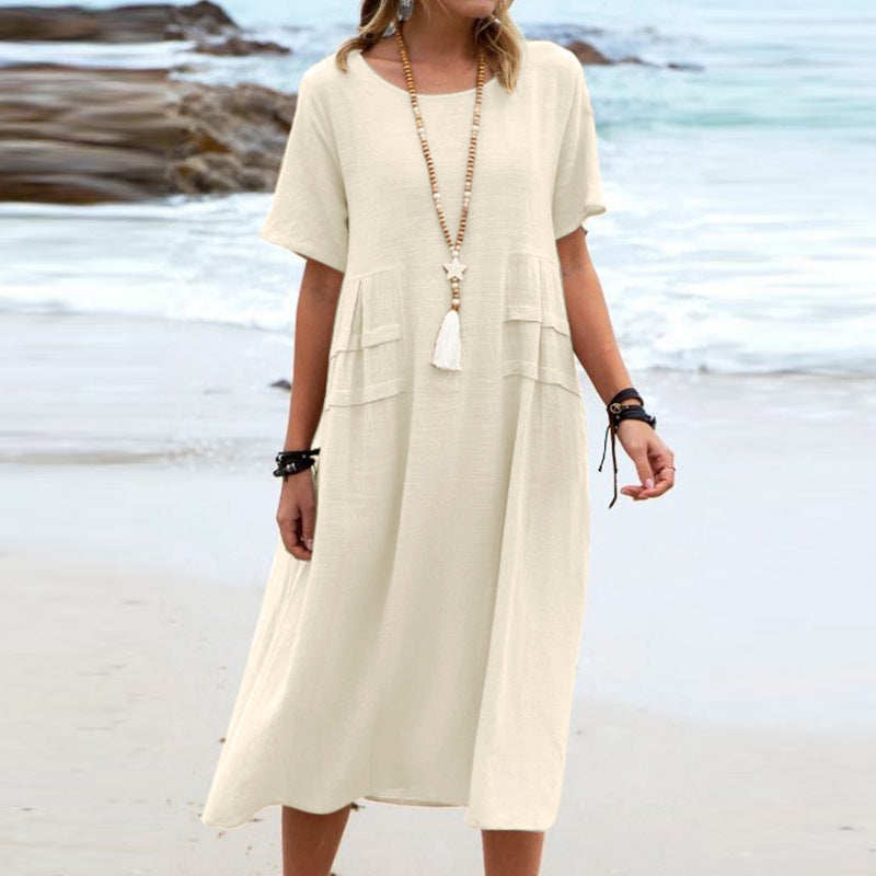 Sarah Express Women's Loose Casual Midi Dress Short Sleeve Summer Beach Cotton Linen Style