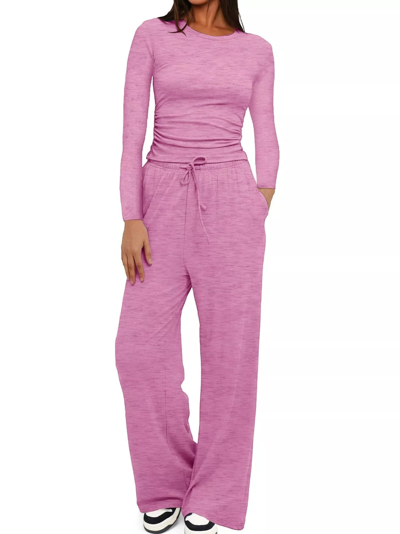 Sarah Express Women's Round Neck Long Sleeve Top and Pants Set Pink