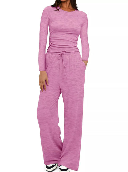 Sarah Express Women's Round Neck Long Sleeve Top and Pants Set Pink