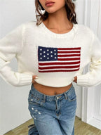 Sarah Express Women's US Flag Round Neck Long Sleeve Sweater White