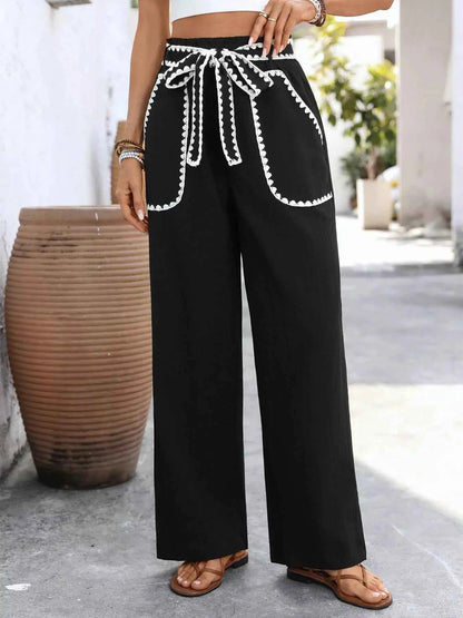 Sarah Express Women's Crochet Trim Wide Leg Pants - Tie Waist High Rise Palazzo Trousers Black