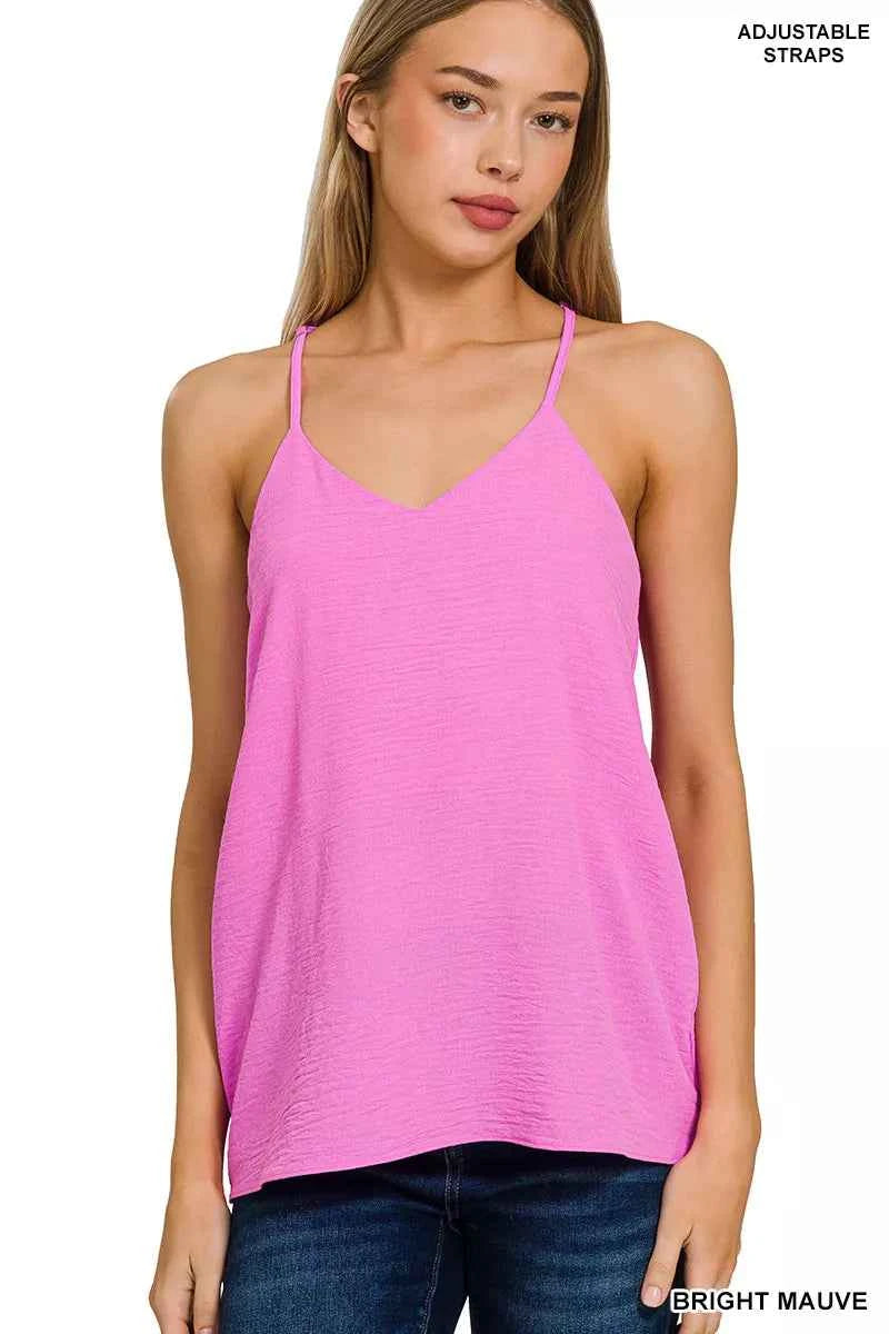 Sarah Express Women's Woven Airflow Adjustable Strap V-Neck Cami Top