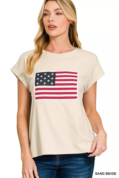 Sarah Express Women's US Flag Round Neck Short Sleeve T-Shirt Plus Size SAND BEIGE