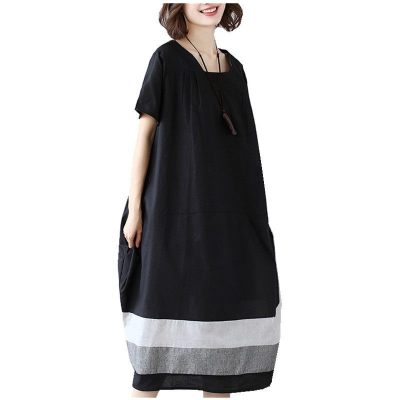 Sarah Express Women's Cotton Linen Midi Dress Short Sleeve Color Block - Casual Plus Size One Size Black