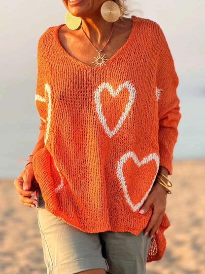 Sarah Express Women's Heart Pattern V-Neck Sweater Dropped Shoulder Openwork Knit Orange