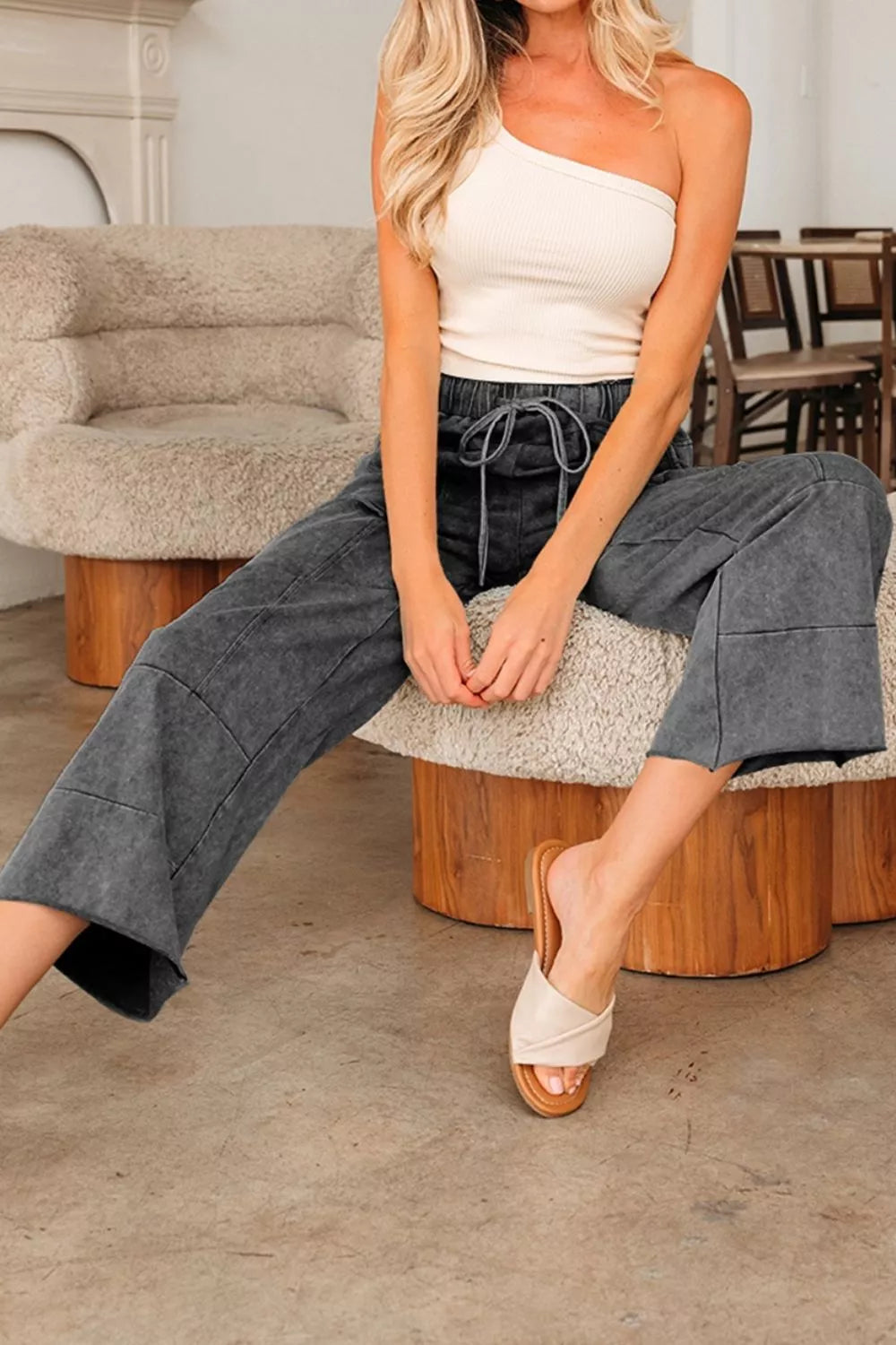 Sarah Express Women's Mineral Wash Lace-up High Waist Raw Hem Patched Pocket Pants