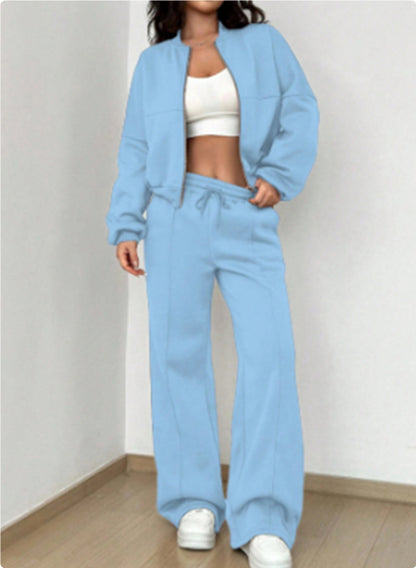 Sarah Express Women's Athleisure Tracksuit Set - Zipper Jacket & Wide Leg Pants Two Piece Outfit Sky Blue