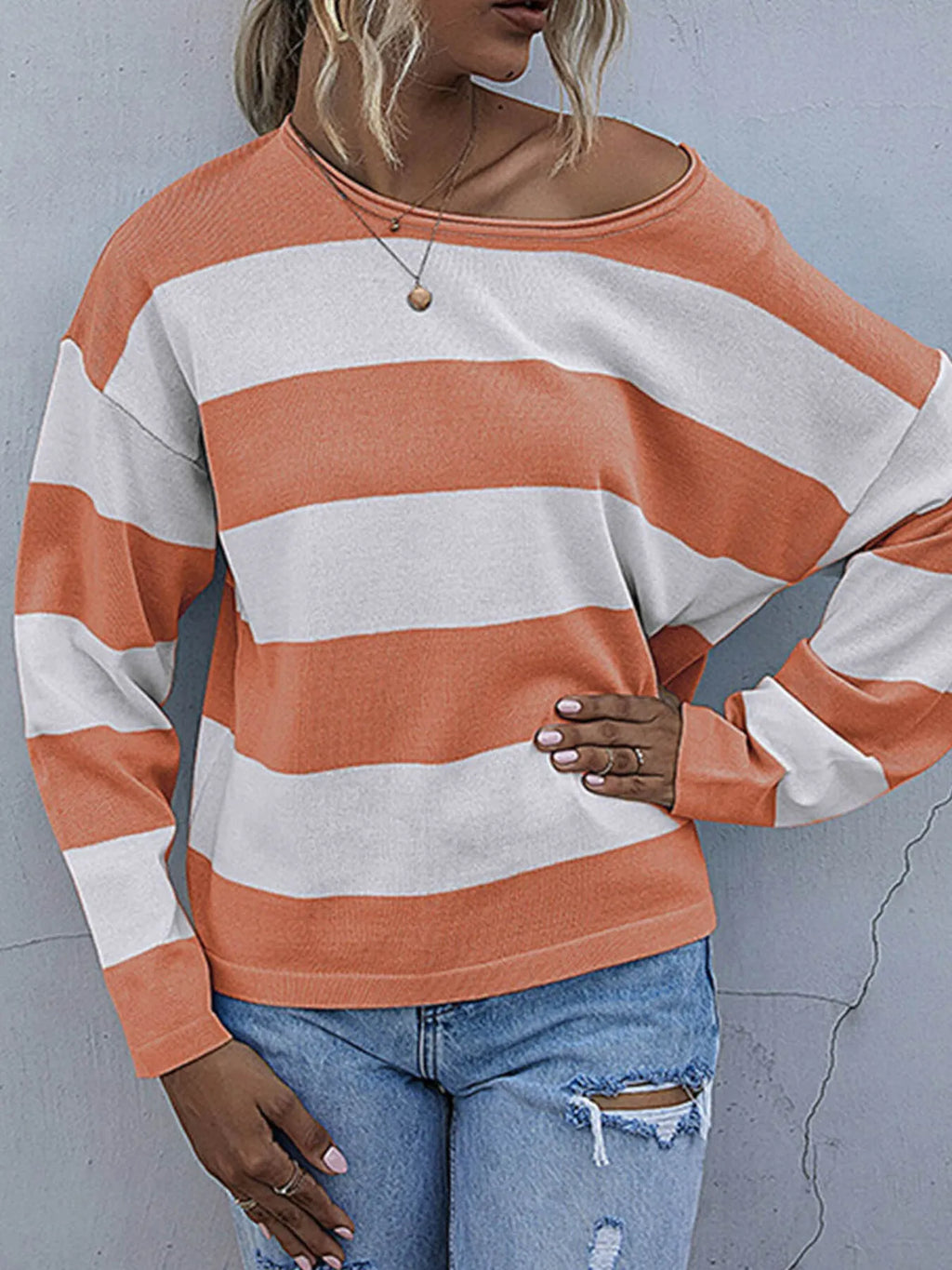 Sarah Express Women's Striped Casual Long Sleeve Knit Top