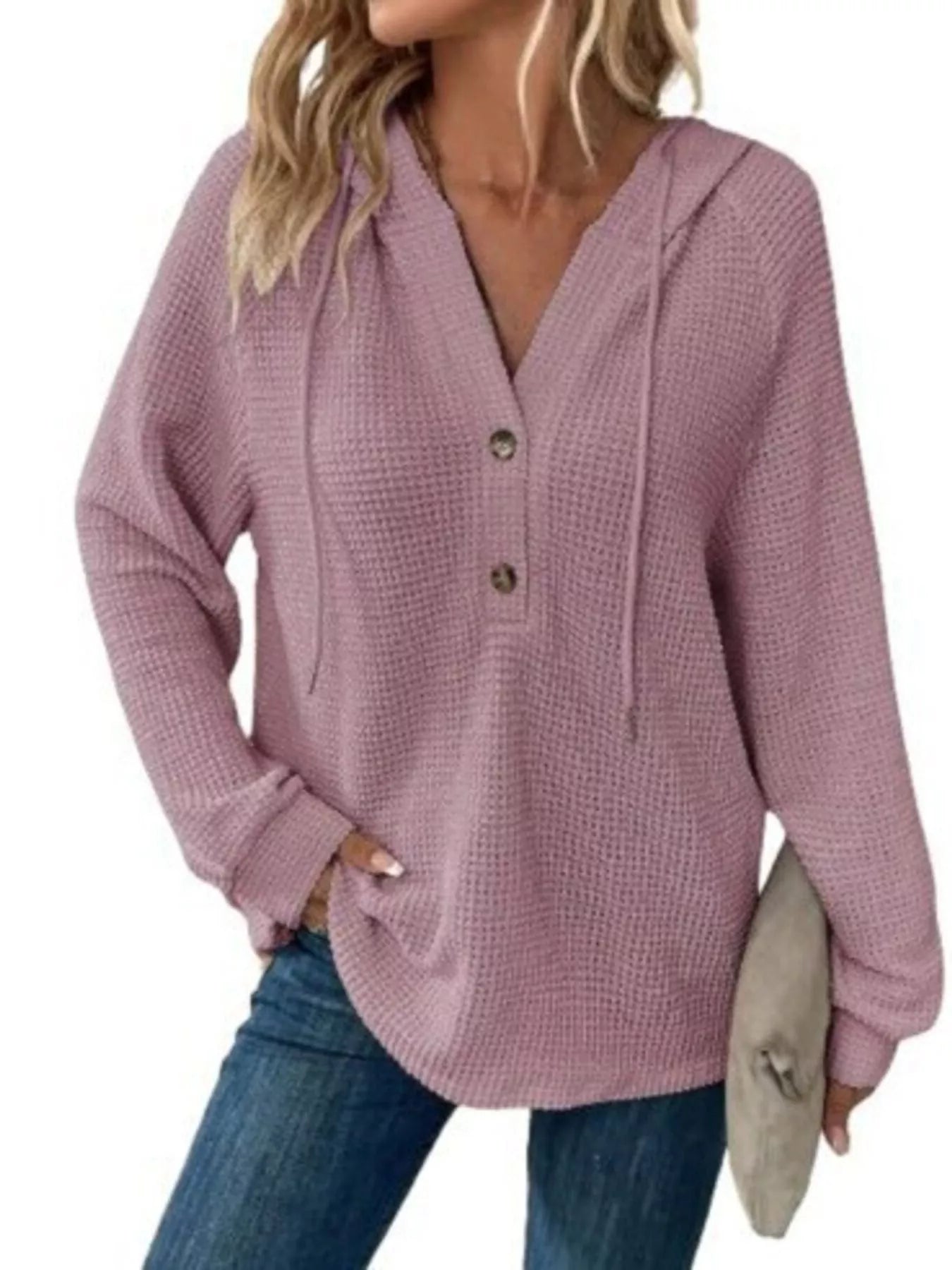 Sarah Express Women's Button Detail Waffle Knit Hoodie - Plus Size Drawstring Pullover with Pockets Purple
