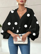 Sarah Express Women's Polka Dot Balloon Sleeve Blouse - Oversized Button-Up Top Black Polka Dots