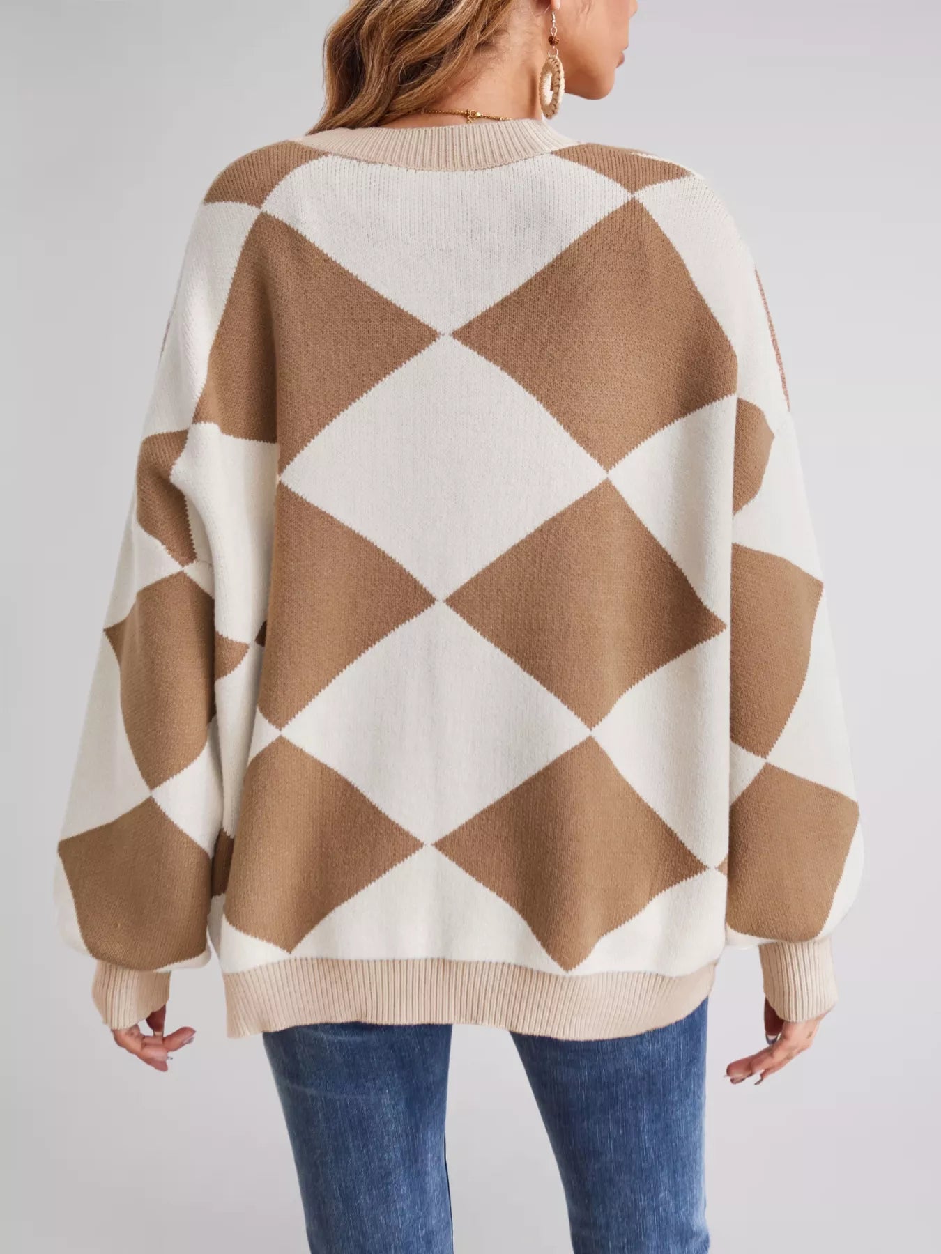 Sarah Express Women's Diamond Pattern Button-Up Knit Cardigan