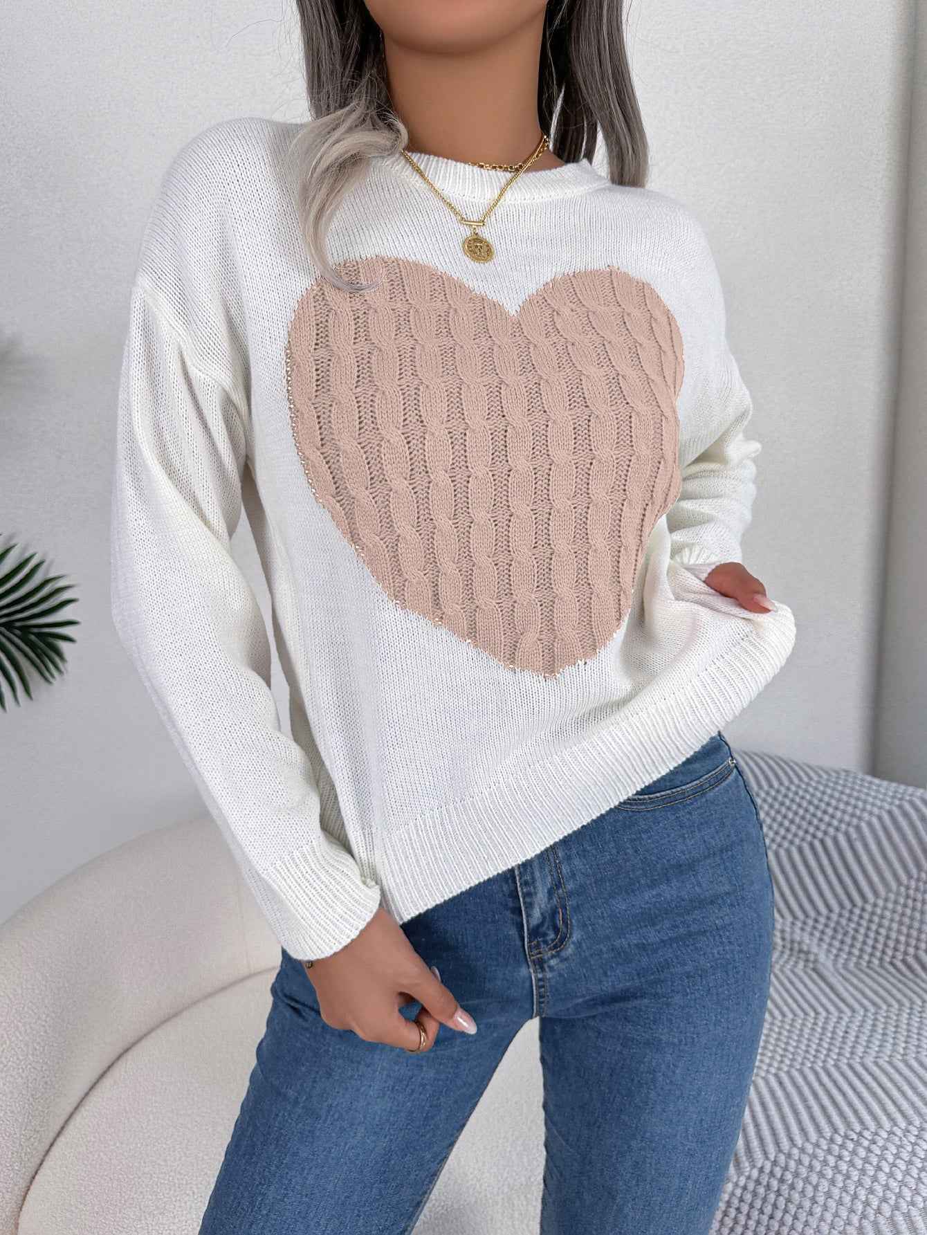 Sarah Express Women's Cable Knit Heart Pattern Pullover Sweater Long Sleeve