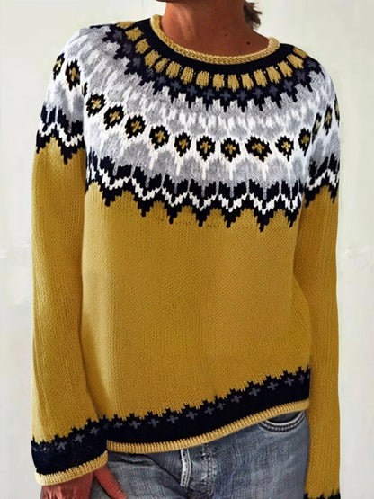 Sarah Express Women's Vintage Patterned Round Neck Sweater Plus Size Mustard