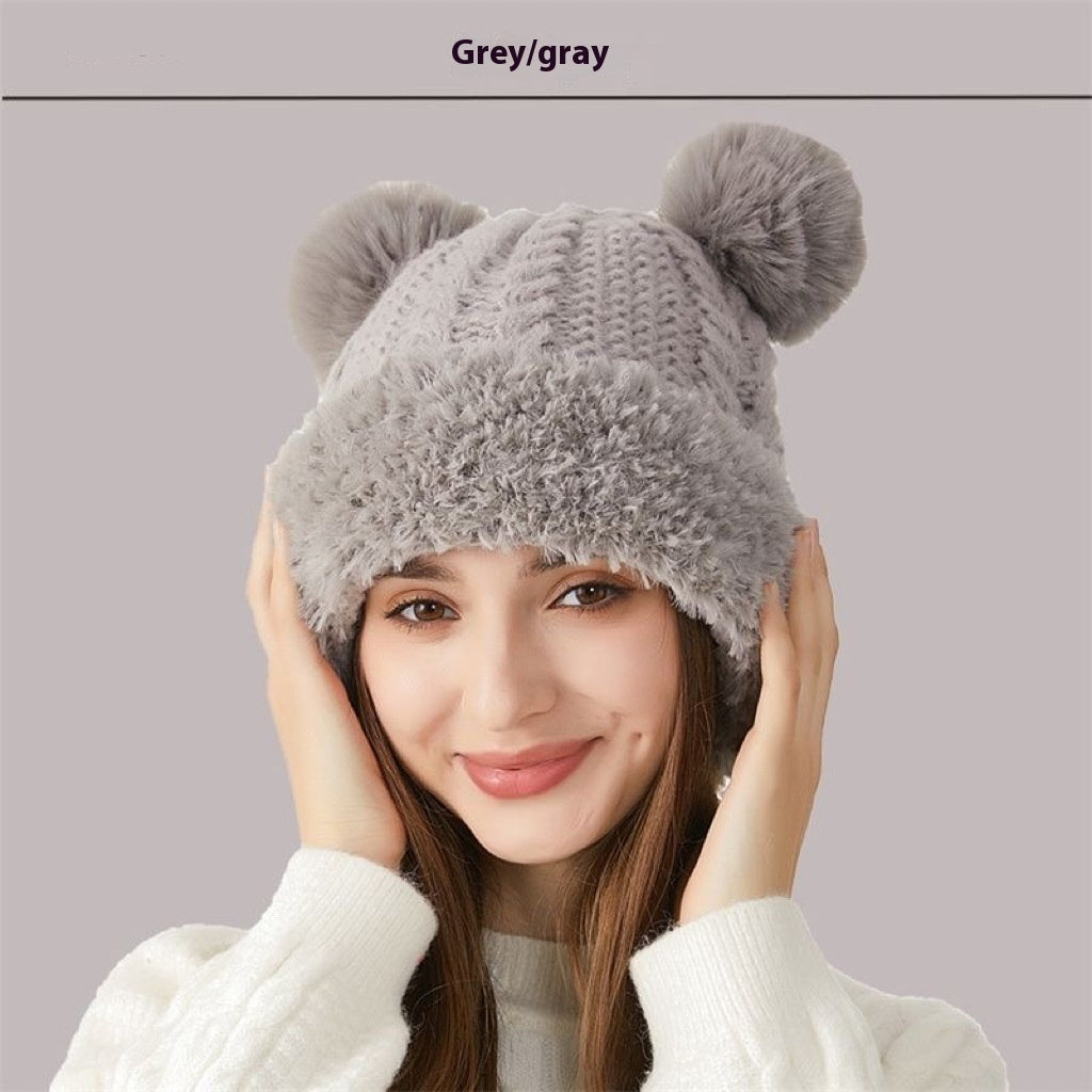 Sarah Express Women's Double Pom-Pom Knitted Winter Hat Fur Ball Dome Crown Windproof