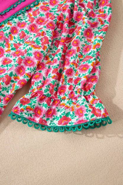 Sarah Express Women's Floral Print V Neck Mini Dress Short Bubble Sleeve Patchwork