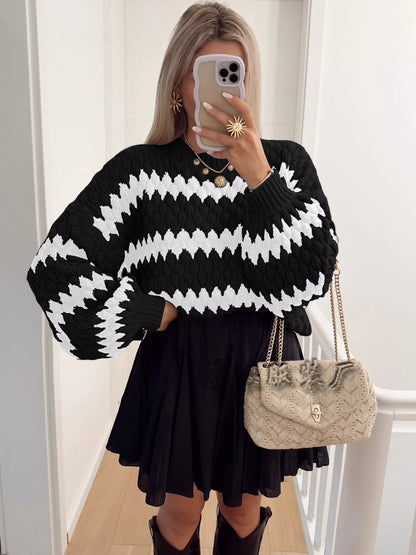 Sarah Express Women's Textured Striped Round Neck Sweater Plus Size Black